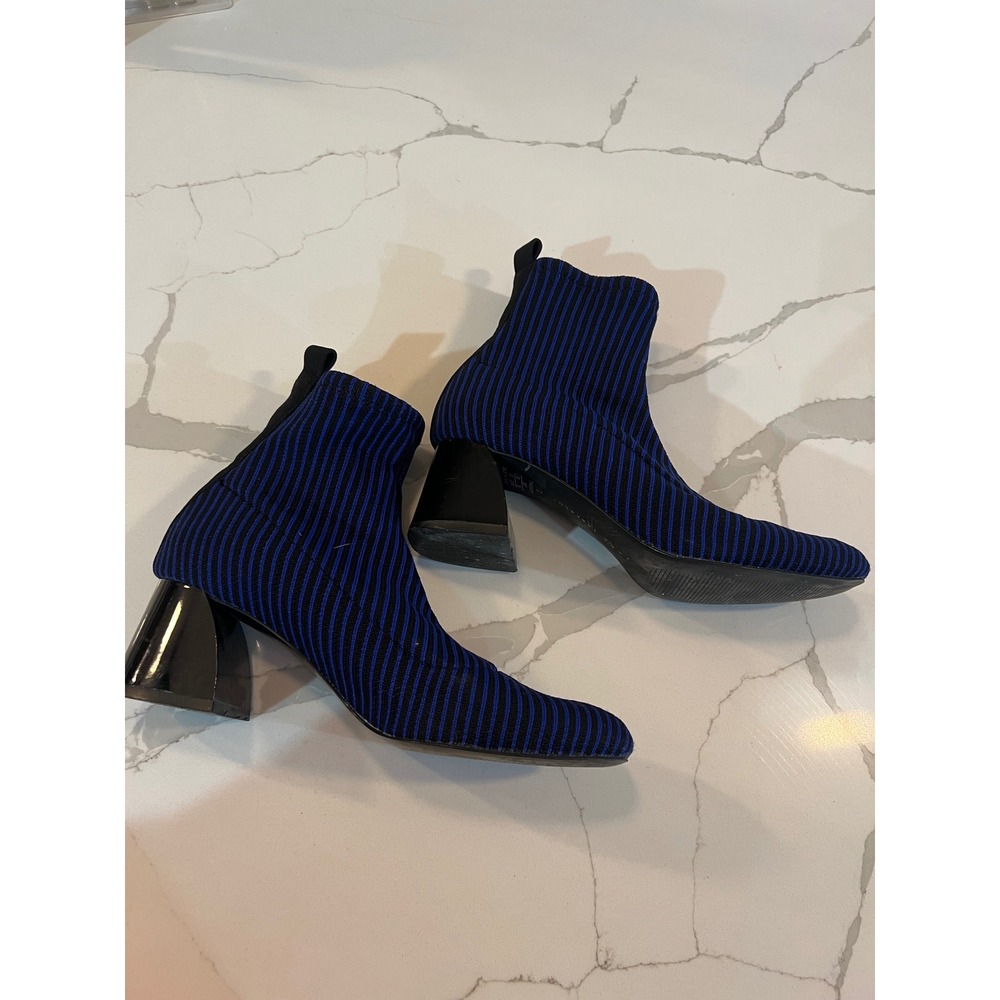 Zara Trafaluc Blue Black Striped Knit Sock Boots Block Heel Square Toe Size 35